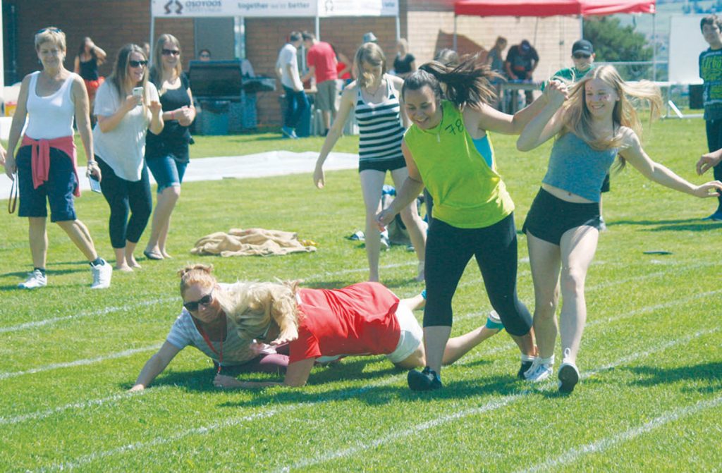 There were a lot of wipeouts, but plenty of laughs as three-legged races were part of the fun at the outdoor track meet held at Osoyoos Secondary School last Thursday. (Keith Lacey photo)