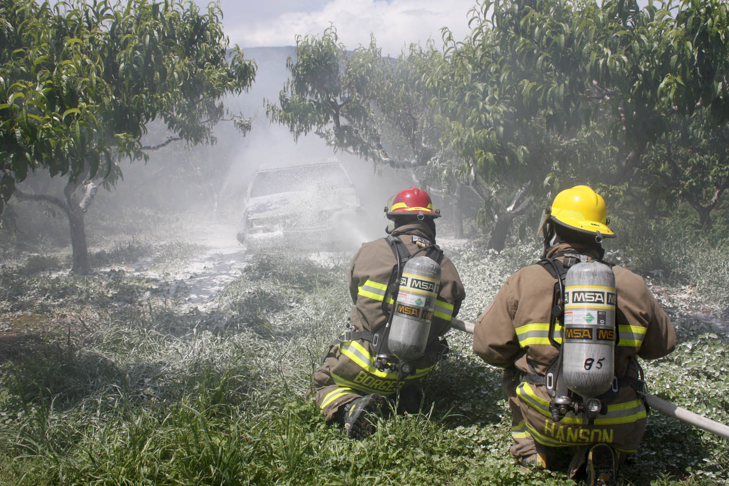 Osoyoos firefighters extinguish a fire in a green 1996 Volvo 850 that was reported stolen on Thursday, June 12 and was later found burning in an orchard near 45th Street and Hwy. 3. RCMP are looking for information on this theft and arson. (Keith Lacey photo)