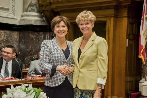 B.C. Premier Christy Clark (left) congratulates Linda Larson, MLA for Boundary-Similkameen, after Larson was sworn in at the legislature.