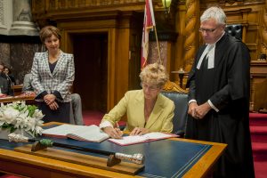 Linda Larson was sworn in June 11 as the new MLA for Boundary-Similkameen at the legislature in Victoria. To the left is Premier Christy Clark and on the right is Craig James, Clerk of the B.C. Legislature. Larson was also named as deputy whip to the Liberal caucus and she is also the new provincial secretary for seniors under the Ministry of Health.