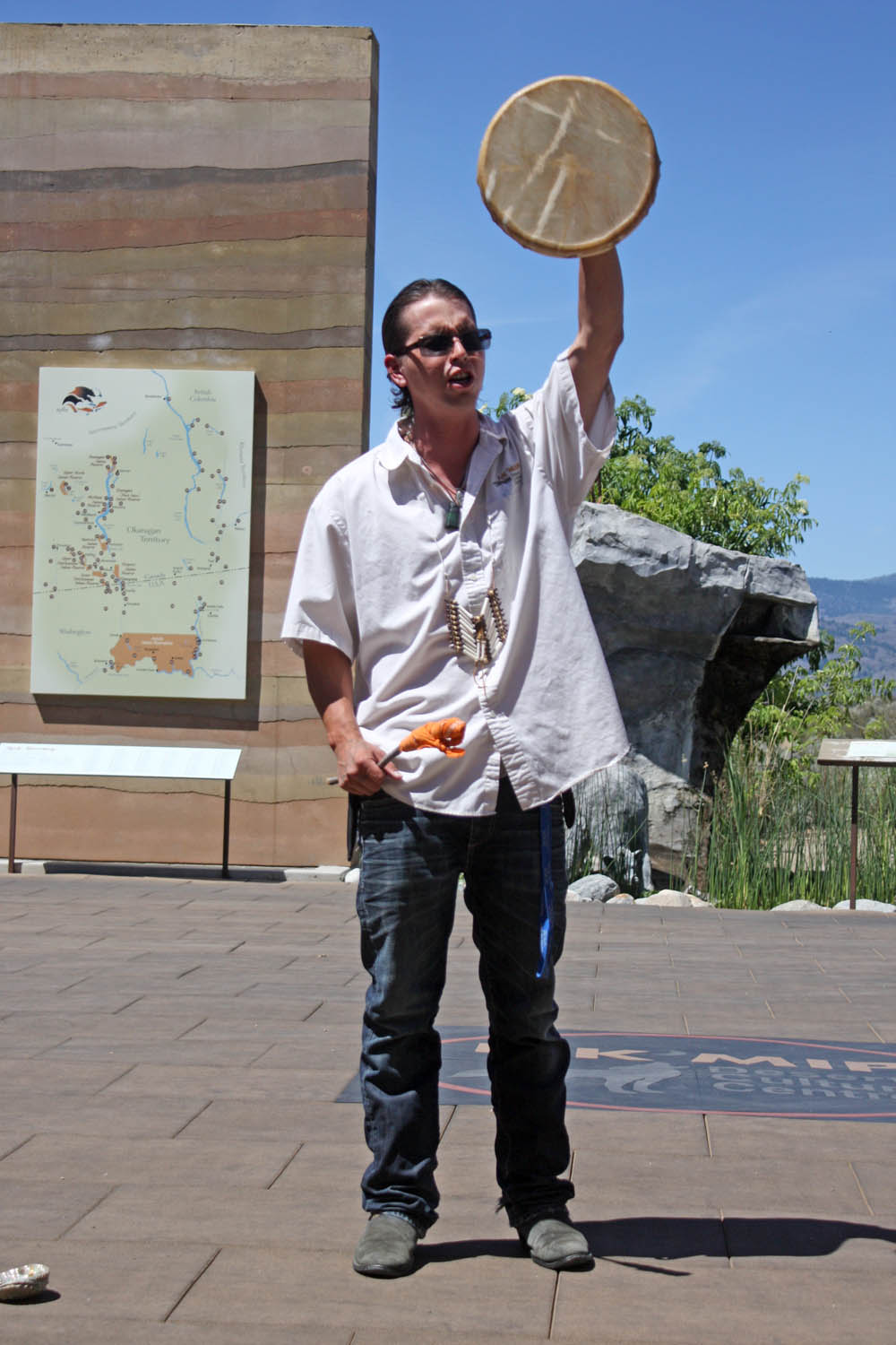 The Nk’ Mip Desert Cultural Centre held a full day of events to celebrate National Aboriginal Day in Canada this past Saturday, which also marked the first day of summer. Close to 30 local residents and visitors took part in the festivities. The schedule of events included an opening prayer and First Nations smudge, which was led by Osoyoos Indian Band member and interpreter Kxansulaxw Hall. This was followed by the serving of traditional bannock and refreshments and a guided walk to the village. Participants also viewed the acclaimed film Coyote Spirit. Marketing manager Derek Bryson spent some time thanking all of the participants for visiting the centre and taking part in Aboriginal Day celebrations. (Keith Lacey photo)