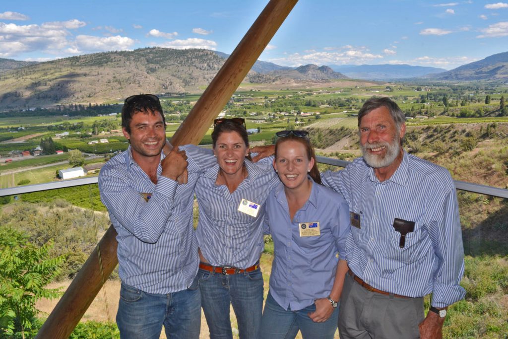Australian farmers (from left) Ben Mitchell, Alice Fargher, Jessica Crettenden and Rotarian Jim Mitchell were all in a very a good mood after a recent wine tasting at Tinhorn Creek Estate Winery near Oliver. The Australian farmers were invited to the South Okanagan as part of the Rotary Club’s popular study exchange program. (Dan Walton photo)