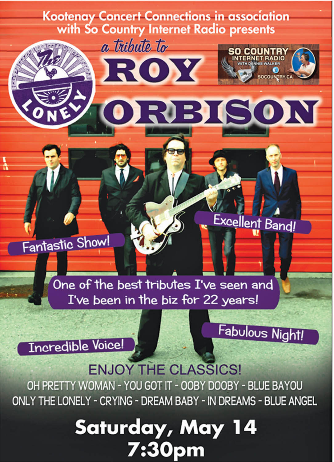 Veteran Mike Demers leads his group of musical journeymen in their mutual and deep appreciation of the timeless music of one of the greatest artists of our time - Roy Orbison. The Lonely features a seven piece band including, two highly talented female backup vocalists, which was an Orbison trademark on most of his hit records. The tribute to Orbison will take place on Saturday, May 14 at the Frank Venables Theatre in Oliver. (Photo supplied) 