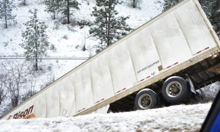 Transport truck slides off hill near OK Falls