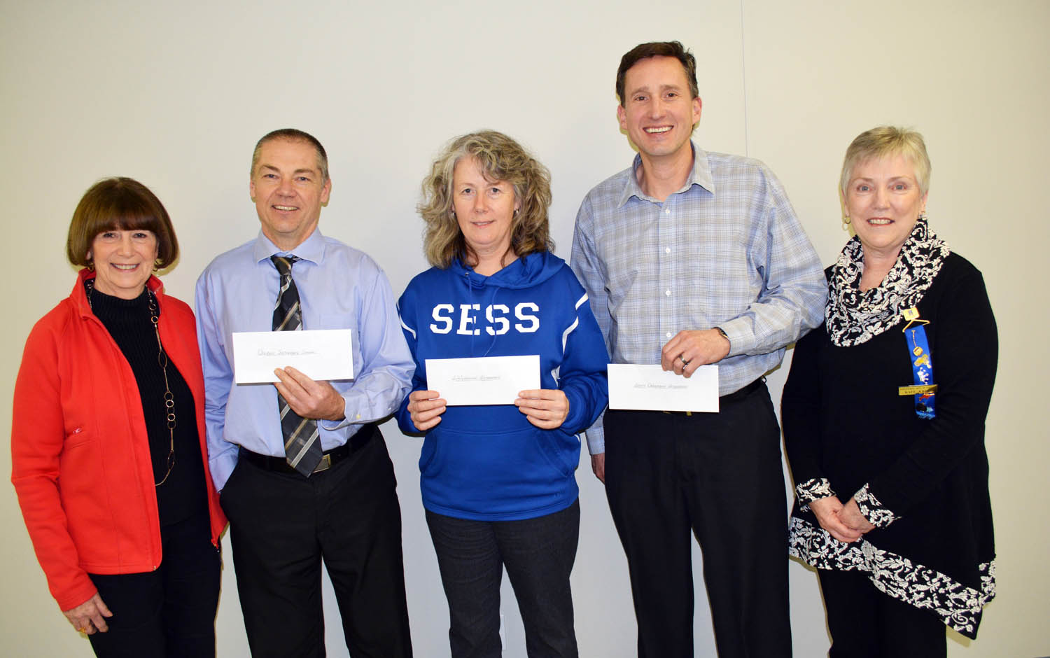 Soroptimist International of Osoyoos is once again supporting School District 53’s Safe Teen program in the region’s three secondary schools. The Soroptimists have given each school $1,000. Shown (from left) are Soroptimist charter member June Harrington, Osoyoos Secondary School Principal Mike Safek, Similkameen Elementary Secondary School Principal Cate Turner, South Okanagan Secondary School Principal Marcus Toneatto and Soroptimist president Kate Krist. (Photo supplied)
