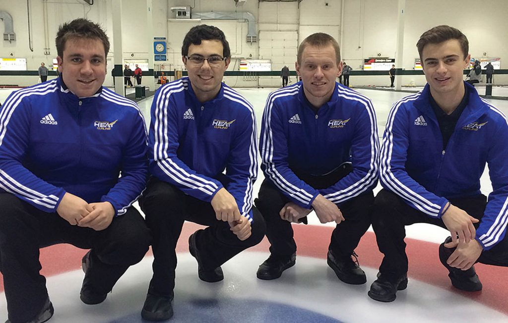 Colton Costa (second from left) was part of the University of British Columbia Okanagan (UBCO) men’s curling team (Costa was vice skip) that got to compete in the Canadian Interuniversity Sports (CIS) national bonspiel at the Kelowna Curling Club. The championships wrapped up with finals on Wednesday. Members of Costa’s team include (from left) Skip Justin Nillson, second Luke Cooke and lead Cam Mahler. The UBCO  team had been playing together for less than three months. (Photo supplied)