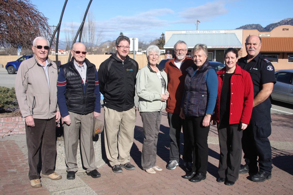 The Osoyoos Gyro Club, which has been providing community service for more than 70 years, has decided to provide a parting gift to the community by purchasing an Automated External Defibrillator (AED) and encouraging numerous local businesses to purchase the lifesaving medical equipment. The AED purchased by the club will be available at the Sonora Community Centre and will be handed out to local groups and clubs for special events. On hand for the ceremony on Monday were (from left) Gyro Club members Lorne Schwindt and Howard Gwyn; Gerald Davis, the town’s director of community services; Gail Scott, managing director of Destination Osoyoos; Gyro Club president Rick Neumann; Mayor Sue McKortoff; South Okanagan Chamber of Commerce executive director Denise Blashko; and Dan Lyver, a member of the local ambulance service. (Keith Lacey photo)