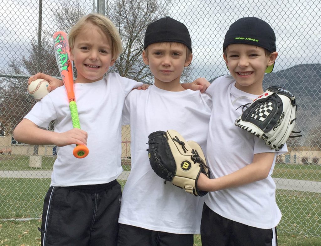 This group of five-year-old local baseball players includes (from left) Jaxson Bartsch, Jasper Wood and Talon Lawton. They are all eager to get the Osoyoos Minor Baseball season underway. (Photo supplied)