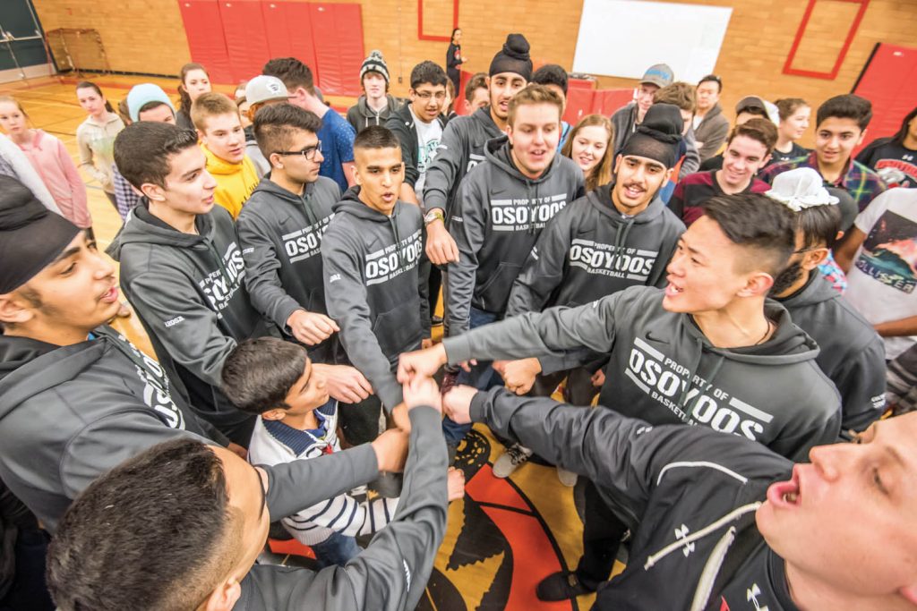 The Osoyoos Secondary School senior boys’ Rattlers basketball team was joined by schoolmates in a cheer at a pep rally in March just prior to the team heading off to the provincial championships. (Richard McGuire photo)
