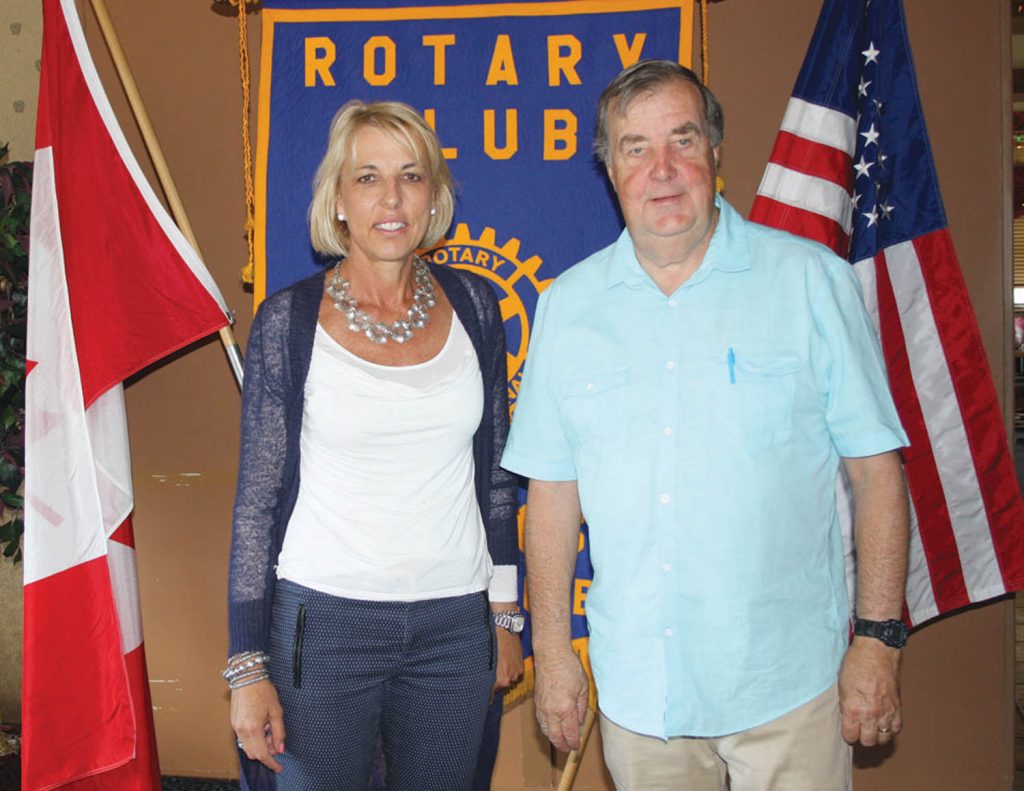 Ted Osborne, artistic director with the South Okanagan Amateur Players, informed Rotary Club of Osoyoos members, including president Marieze Tarr, about the 2016 Okanagan Zone Theatre Festival, which kicks off this weekend at the Frank Venables Theatre in Oliver. (Keith Lacey photo)