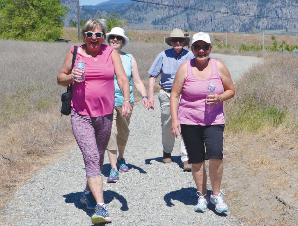 There were a lot of smiling faces as the annual Desert Valley Hospice Society Hike for Hospice event took place in Osoyoos and Oliver this past Sunday. Participating in the Osoyoos event on the Canal Trail included (left to right) Bonnie Sveinson, Terry Schlorn, Jan Schlorn and Deloris Brisbois. (Trevor Nichols photo)