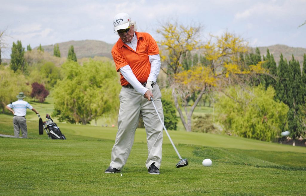 The Osoyoos Golf Club hosted its annual Men’s Senior Open this past Friday, May 1. A total of 114 golfers from B.C., Alberta and Saskatchewan competed in the popular event, The low gross winner was Norm Bradley from Kelowna Golf and Country Club. He shot 70. Low net winner, on a countback, was George Hildebrand from the Osoyoos Golf Club, with a net score of 66. John Leu (above) shows some beautiful form during his tee shot on hole No. 10. (Dale Cory photo)