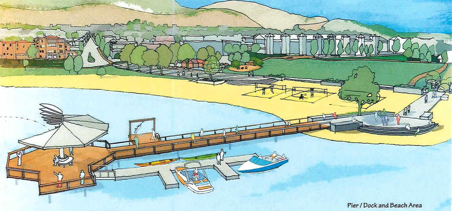 A conceptual drawing shows the proposed pier, dock and beach area at Gyro Park. (Town of Osoyoos)