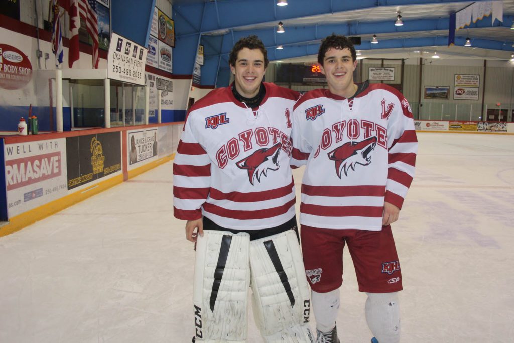 Tyler (left) and Evan Loura are identical twins from Osoyoos who now proudly wear the Coyotes jersey after years of following the team. Evan sees regular ice time with the Coyotes, while Tyler, a goalie, has been practicing with the team as an Alternate Player, but has only played games with the Grand Forks Border Bruins this year. (Keith Lacey photo)