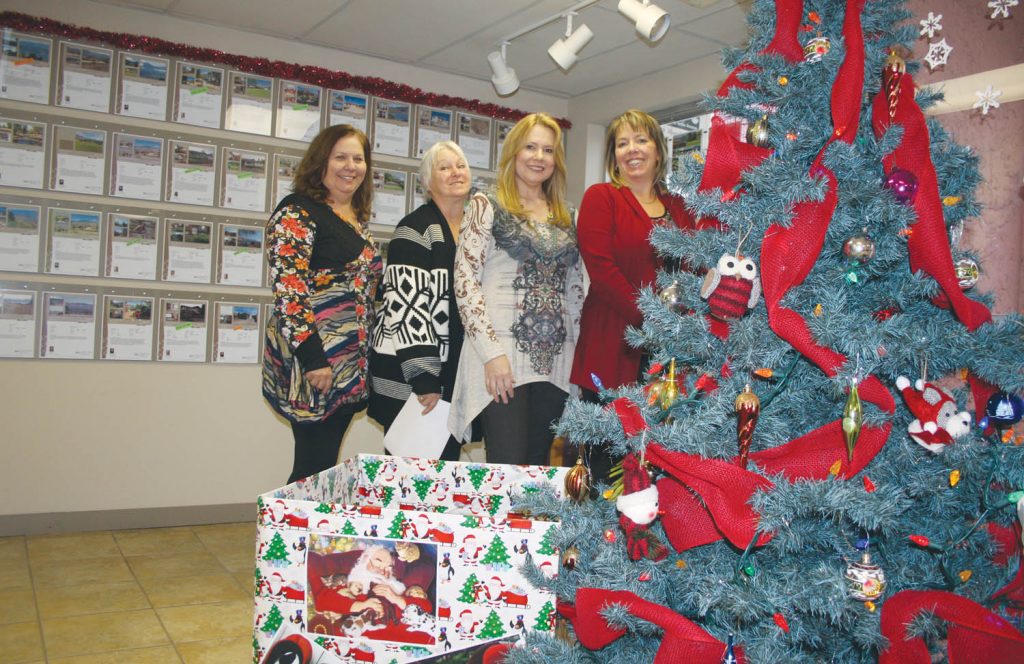 For the past decade, Linda Davreux, the owner/manager of Royal LePage Realty in Osoyoos, has been sponsoring a Christmas fundraiser to assist the SPCA in Penticton. A donation box has been set up in the lobby of the office where local residents can drop off items or make cash donations until Christmas. Helping out Davreux (third from left) are fellow Royal LePage realtors (from left) Lucia Marin, Barb Pasternak and Pam Hass. (Keith Lacey photo)