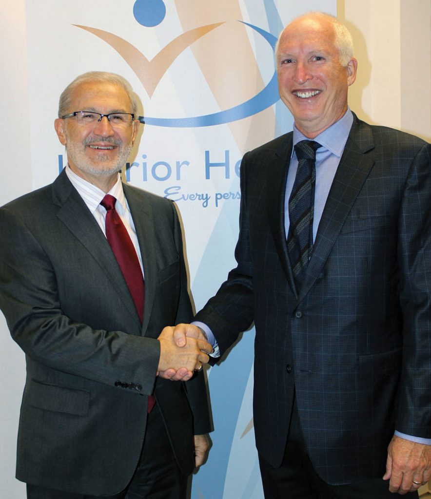 Interior Health Board Chair Erwin Malzer (left) recently named Chris Mazurkewich as the organization’s new president and chief executive officer. (Photo supplied)
