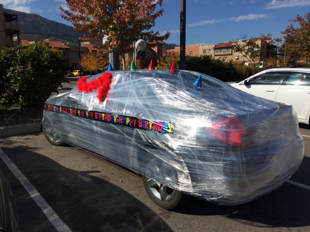 Blake Sewell’s 2009 Pontiac G6 was wrapped by co-workers from top to bottom. (Photo supplied)