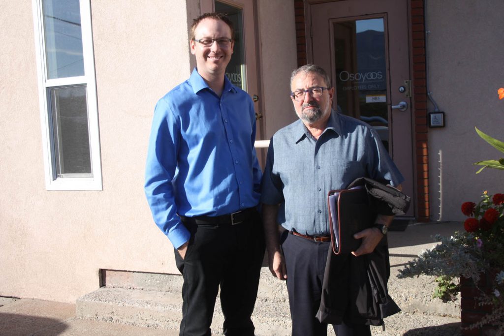 Jacob Scissons (left) and Peter Gigliotti, who work for the Kelowna consulting firm Urban Systems, detailed the highlights of their consulting report which looks at all options for council to implement a water metering program. (Keith Lacey photo)