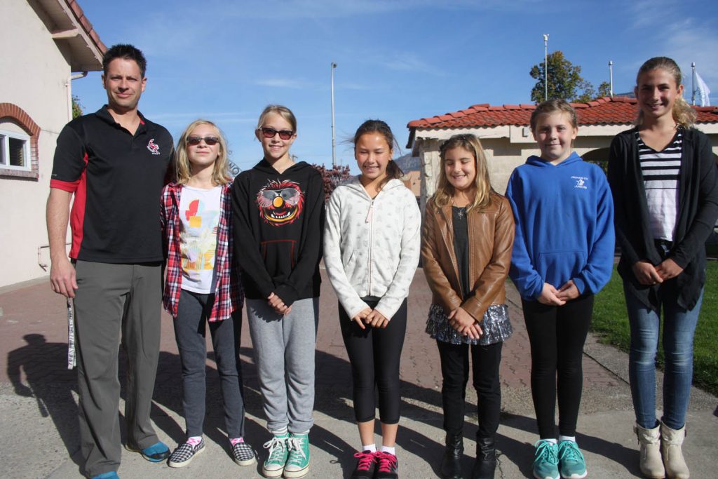 Osoyoos Elementary School Grade 6 teacher Ryan Miller and six of his students made an impressive presentation to Town of Osoyoos council Monday as they asked the town to support the school sending 18 students to the upcoming We Day celebrations in Vancouver on Oct. 21. Council voted to provide $1,000 in funding and allow the students and chaperones to use the community bus for the trip. Joining Miller were (from left) Jessalyn Svendsen, Amy Rathgeber, Amber Wyse, Kyleigh Turnbull, Caitlyn Robinson and Jordan Brunner. (Keith Lacey photo)