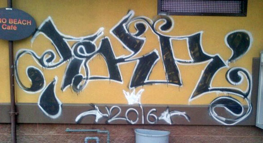 The exterior of the public washrooms and concession at Gyro Park was vandalized with graffiti and a fire was set in the interior of the washrooms. (RCMP photo)