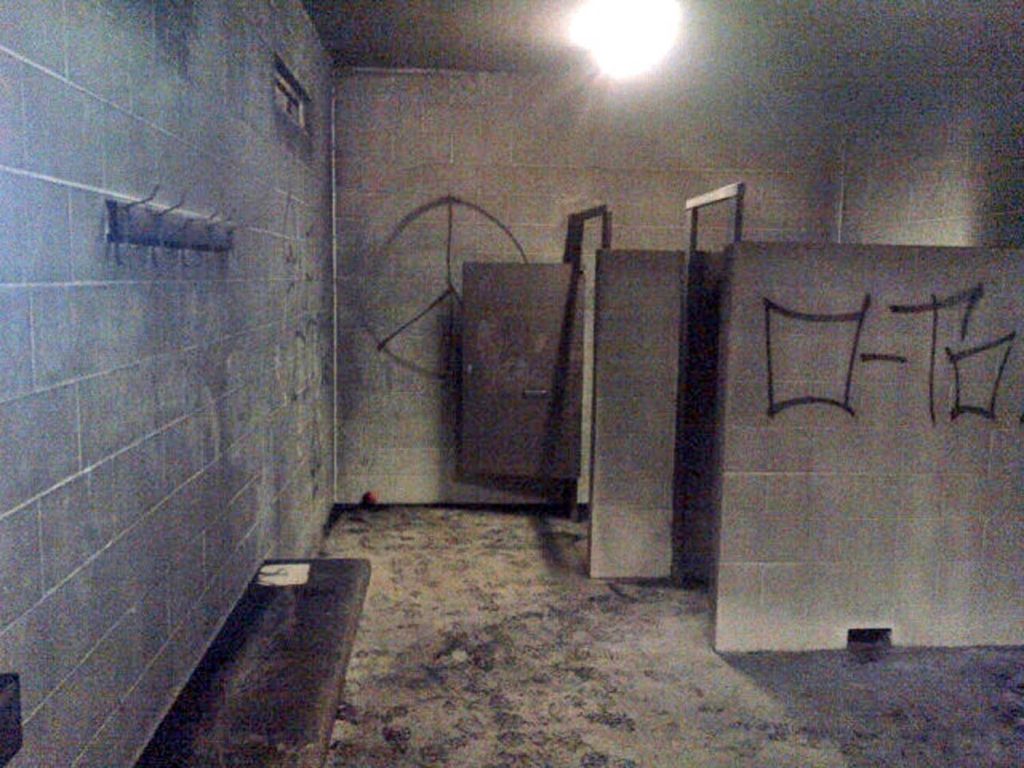 A fire set inside the washrooms at Gyro Park caused extensive smoke damage. The building was also vandalized with graffiti. (RCMP photo)