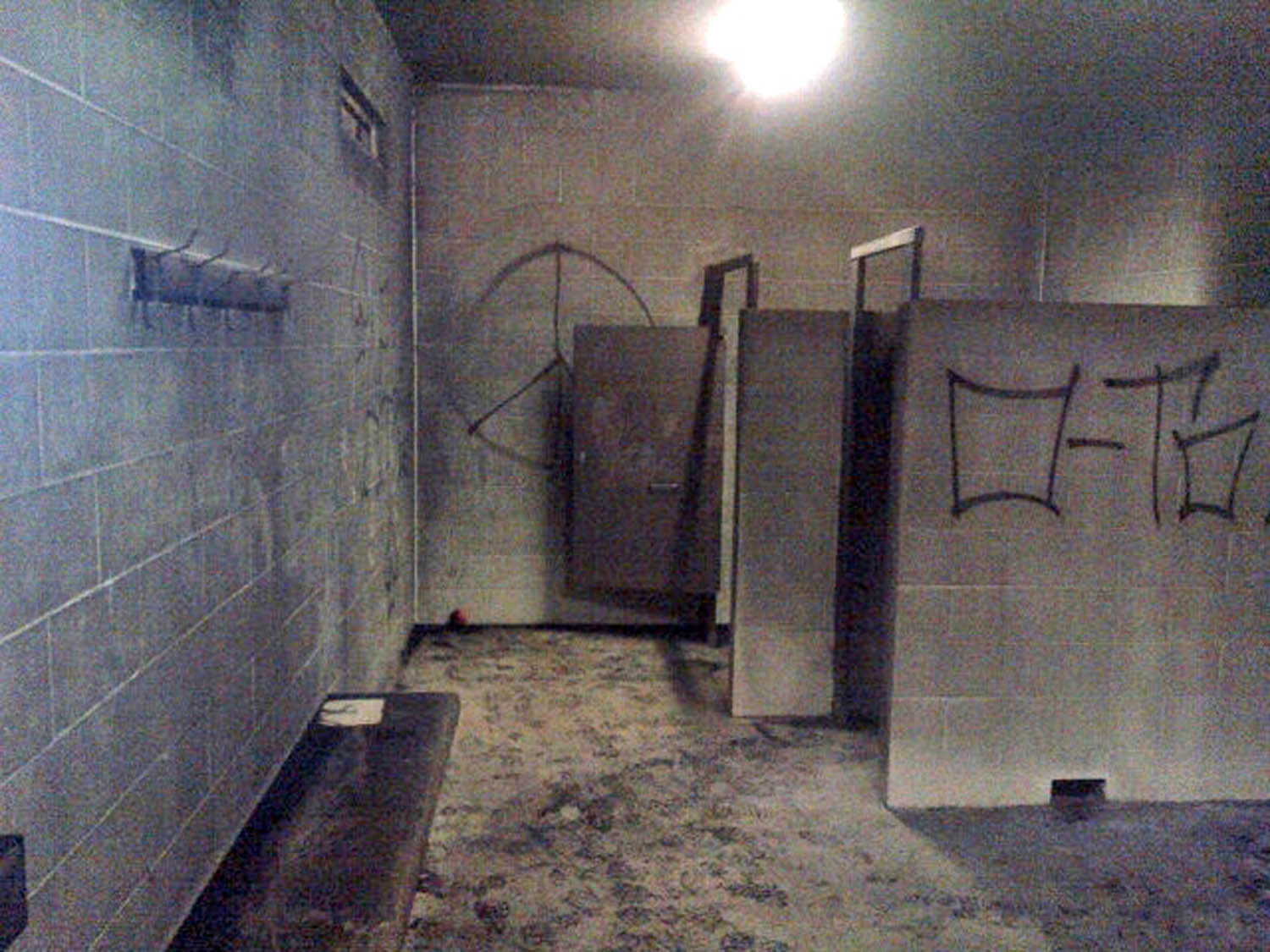 A fire set inside the washrooms at Gyro Park caused extensive smoke damage. The building was also vandalized with graffiti. (RCMP photo)