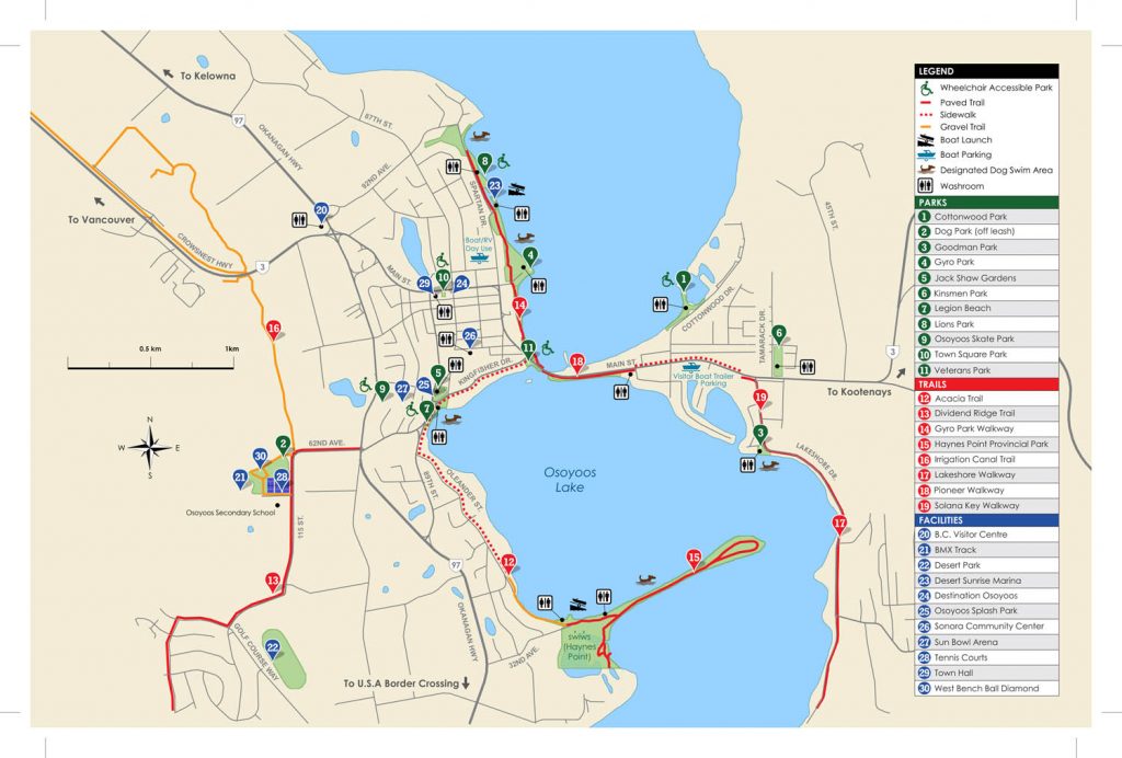 A map of existing parks, trails and facilities can be downloaded from the Town of Osoyoos website. The town and its consultants, Stantec, are seeking input from the public about the kinds of parks and trails they want in the community over the next 20 years. A survey is available online or on paper, but the deadline to respond is this Sunday, Nov. 1. (Town of Osoyoos)