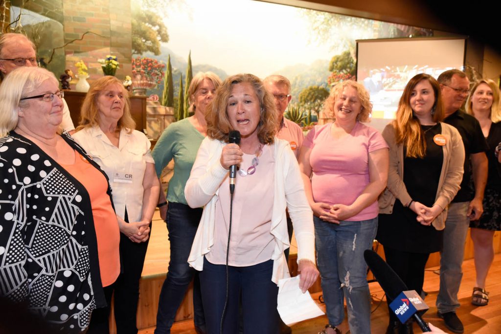 Colleen Ross concedes defeat and thanks her volunteers and supporters. She was buoyed by provincial results, even if results in Boundary-Similkameen were a disappointment for her. (Richard McGuire photo)