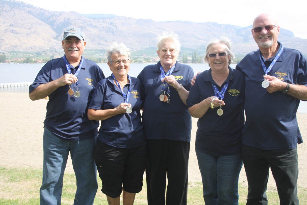The bowling team from Kobau Lanes in Osoyoos recently competed in the 55 Plus B.C. Games in North Vancouver and did themselves proud coming home with a silver medal. Pat Krieger also claimed a gold medal in singles play, while Gladys Baryla took home a silver medal and Murray Naugler won a bronze. Team members (from left) are Murray and Joyce Naugler (from Oliver), Gladys Baryla (Osoyoos) and Pat and Hal Krieger (Osoyoos). (Keith Lacey photo)