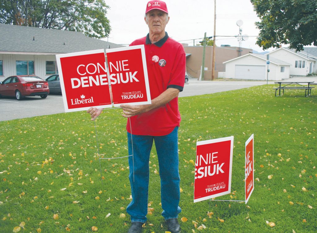 Osoyoos’ Sy Murseli is upset that vandals have destroyed seven election signs over the past week that were erected by the campaign team for South Okanagan-West Kootenay Liberal candidate Connie Denesiuk. Murseli said three big signs were totally destroyed and another four broken in half. (Keith Lacey photo)
