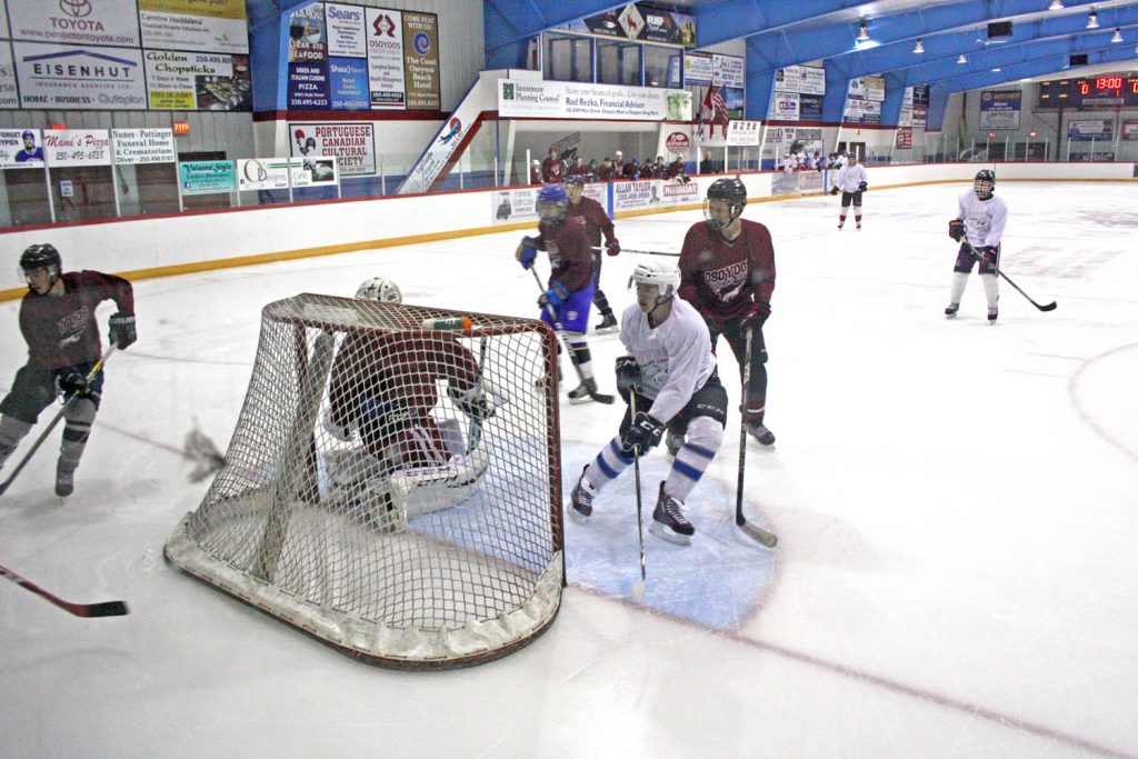 Close to 50 players hit the ice at the Sun Bowl Arena last Thursday as the Osoyoos Coyotes officially kicked off their training camp for the 2015-16 KIJHL season. Head coach and general manager Ken Law cut loose more than 20 players following Sunday’s exhibition game against Grand Forks. (Keith Lacey photo)