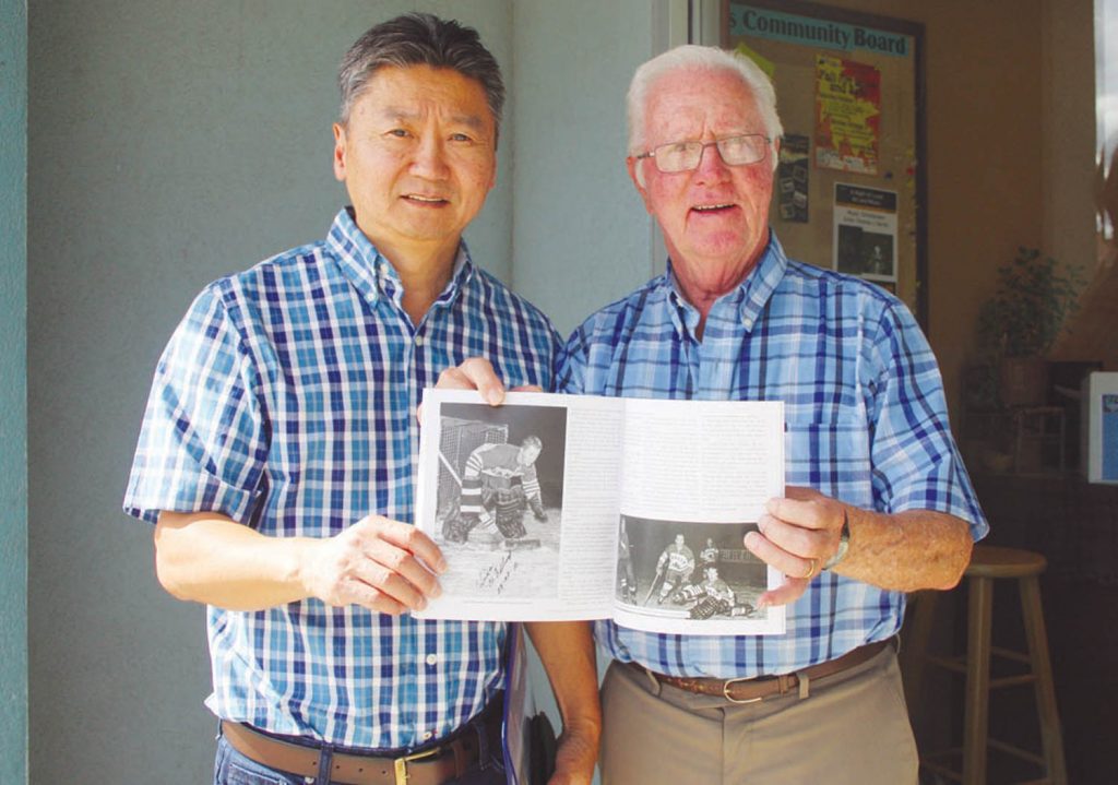 Former Penticton Vees goaltender Ivan McLelland (right) and Gary Doi, who put together the book In The Moment: Real Life Stories of Hope & Inspiration, will be signing copies and selling the book Saturday night at the home opener for the Osoyoos Coyotes at the Sun Bowl Arena. (Keith Lacey photo)