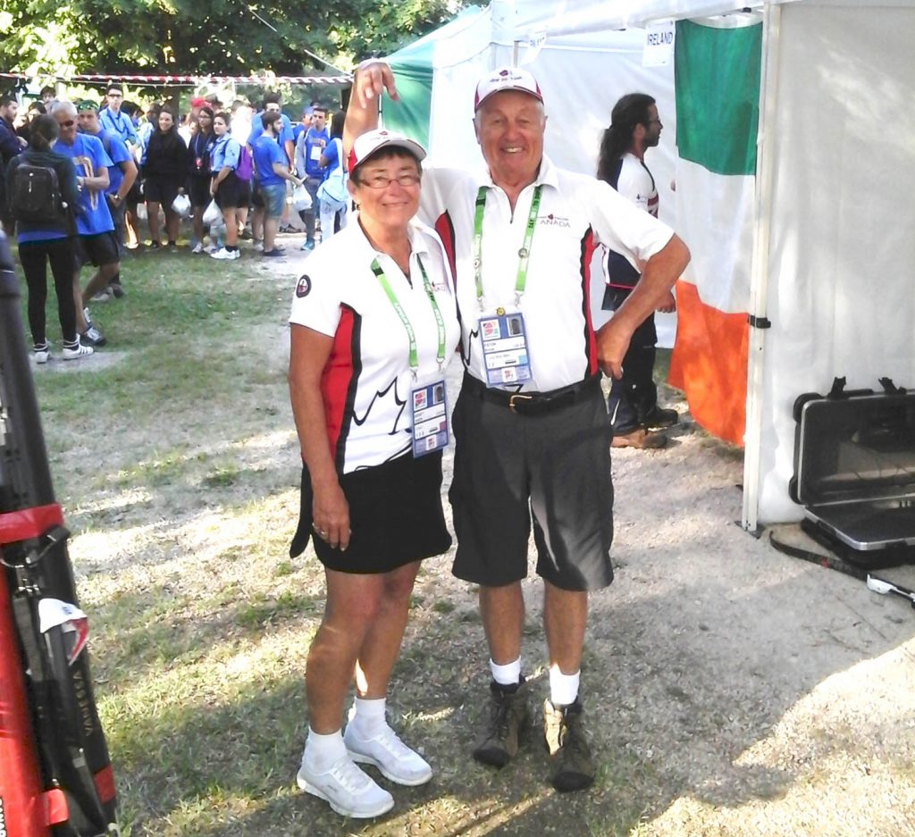 Brock Paton, 70, the founder of the Osoyoos Traditional Archery School, is shown hamming it up with a fellow member of Team Canada at the recent 2015 World Traditional Archery Championships in Italy. Paton, a multiple provincial and national indoor and outdoor champion, headed to Italy believing this would be his last world championship event. However, he shot so well that he finished 15th overall and has changed his mind and will now train for two more years to prepare for the next world championships in France in 2017. (Photo supplied)