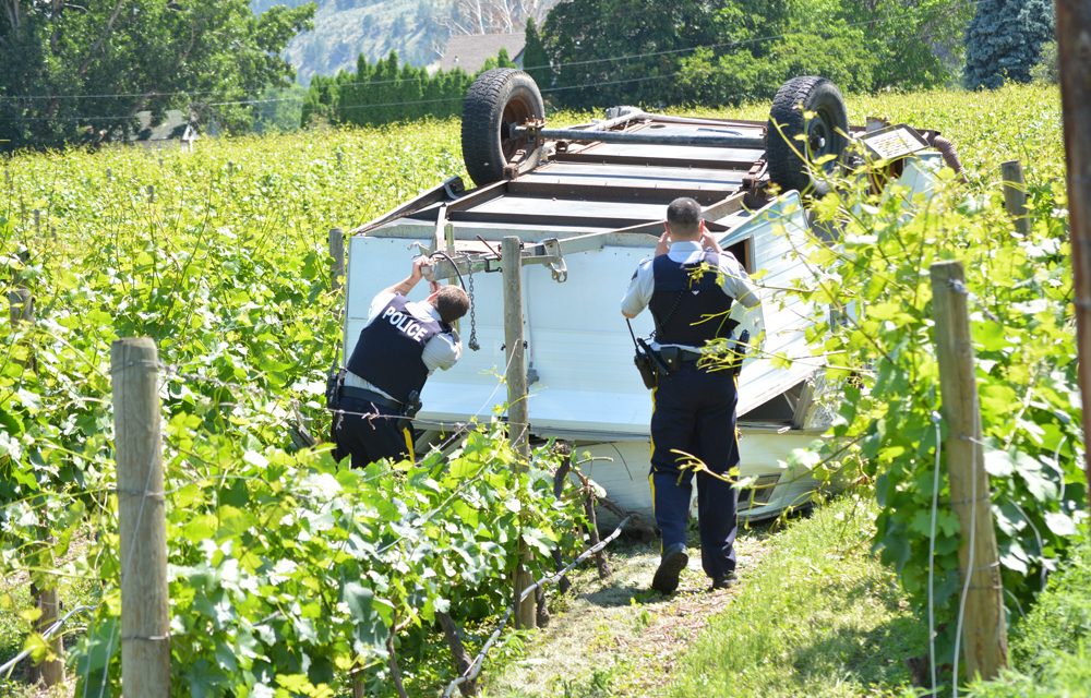 Camper unhitches, overturns in orchard