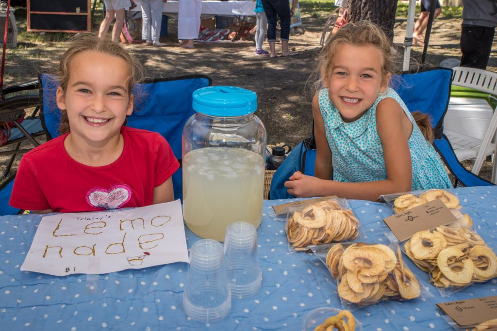Sister Trinity (left) and Eden Gray set up shop at the Anarchist Mountain rest stop Sunday for the community's Market on the Mountain. Trinity, 8, was selling her lemonade, while Eden, 6, has her own brand of dried apples. Other vendors sold a wide range of products from crafts to garage sale items. Proceeds from table rentals went to help the Anarchist Mountain Fire Department. (Richard McGuire photo)