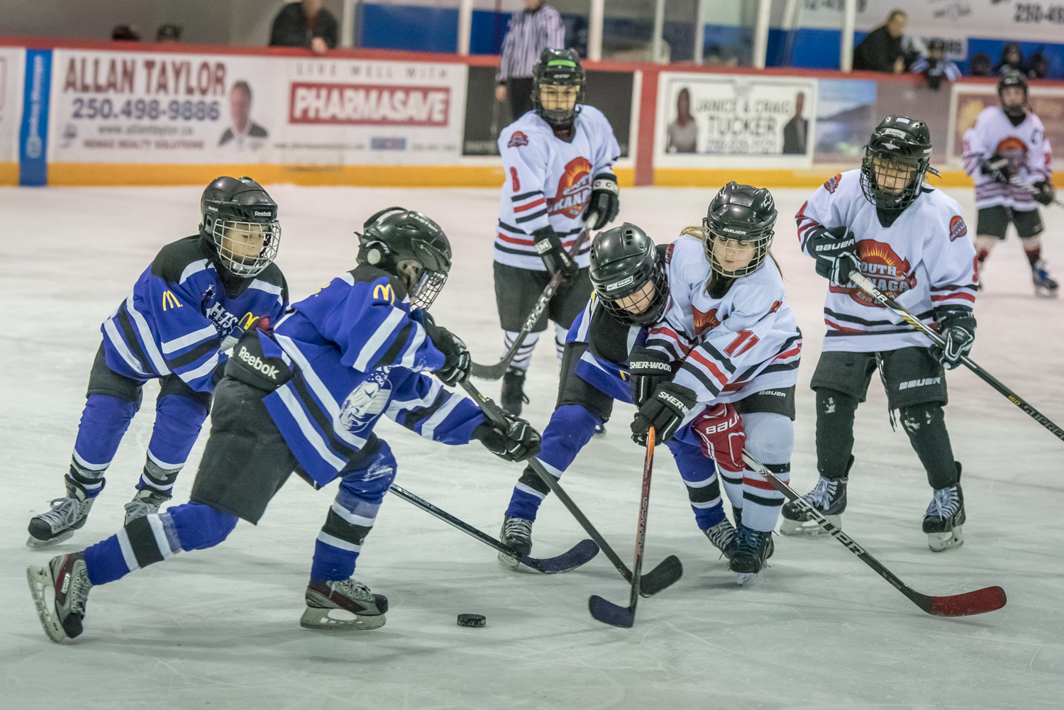 Players of North Okanagan (left) and South Okanagan scrambled after the puck in a Saturday afternoon hockey game during the Atom Recreation Tournament. The tournament was hosted by the South Okanagan Minor Hockey Association (SOMHA) in Osoyoos and Oliver from Friday to Sunday. South Okanagan won this game 4-2, but lost games on Friday afternoon and Saturday morning. Grand Forks won the tournament. (Richard McGuire photo)