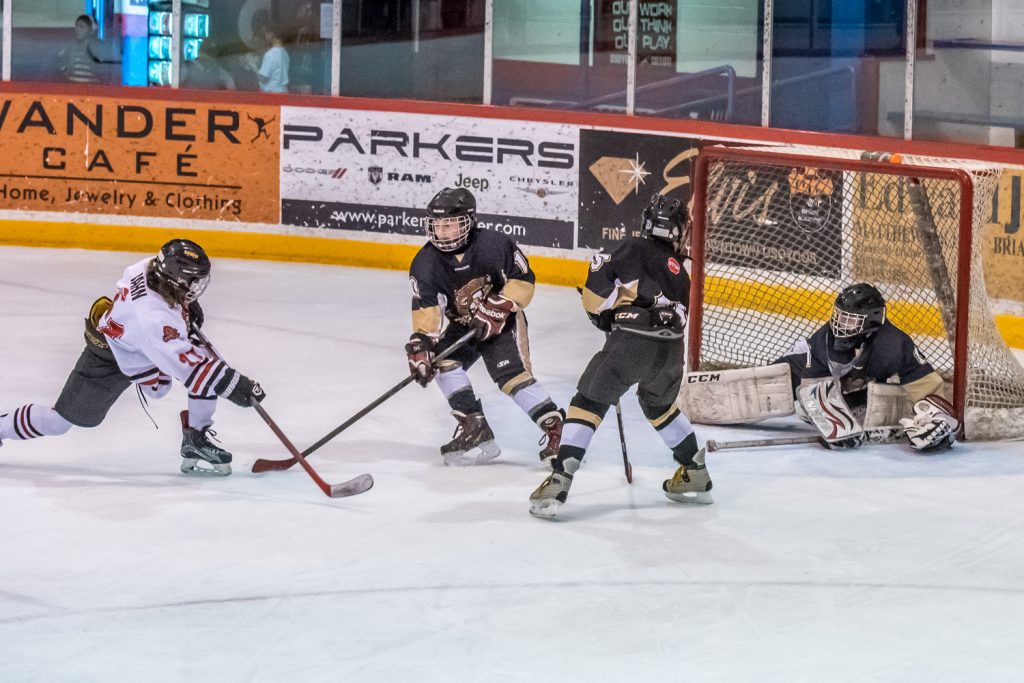 Luke Jahn of the South Okangan Sun Devils scores a goal against Winfield in Atom Development B playoffs on Friday. (Richard McGuire photo)