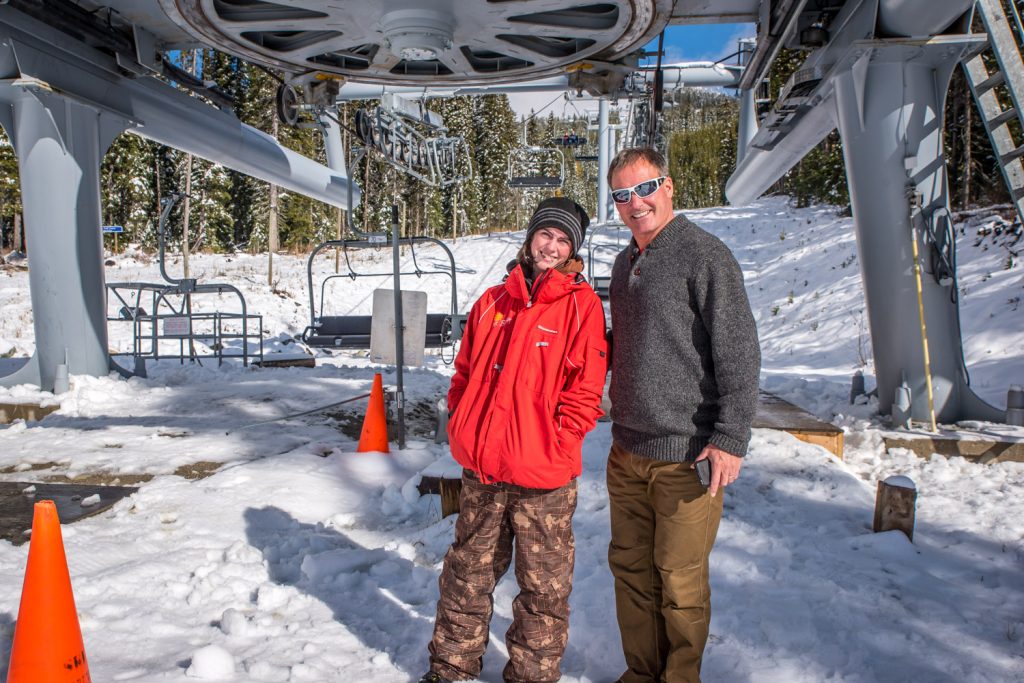 Joey O'Brien (right), managing director of Baldy Mountain Resort, and Rayana Pedlar, operator of the quad lift, welcomed visitors to the resort on Saturday. Many visitors came by Saturday and Sunday for Baldy Festival of Colours, but the predominent colour this past weekend was white. (Richard McGuire photo)