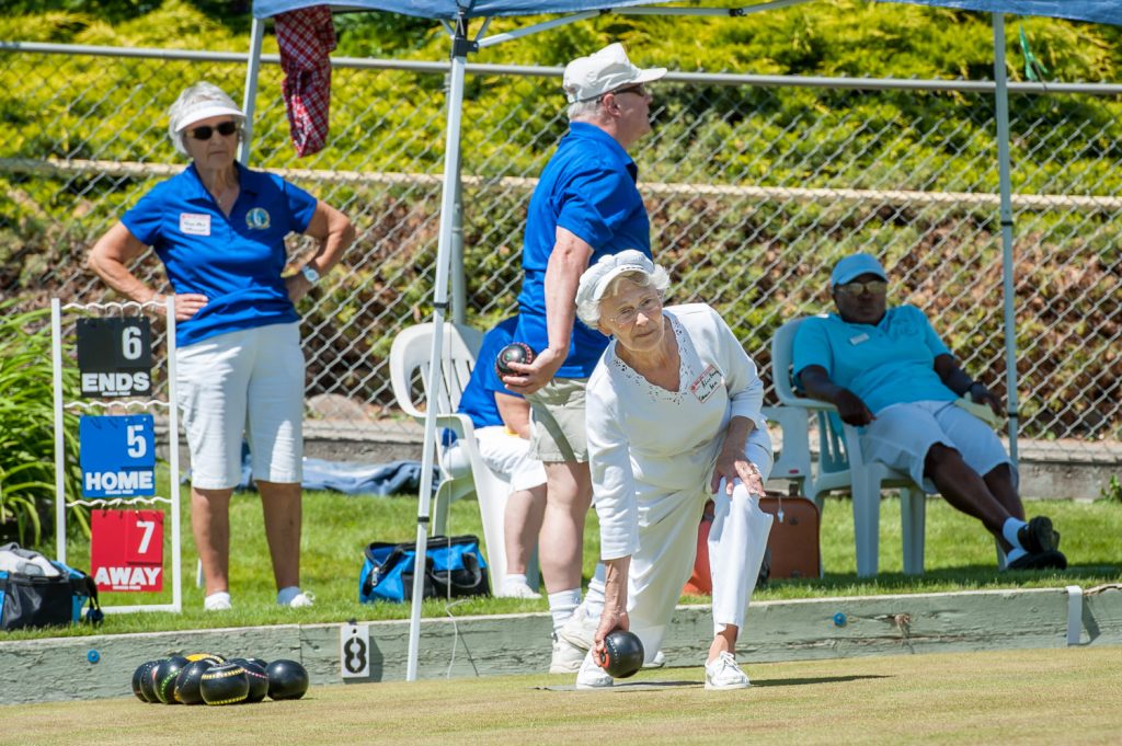 Alice Broeder, of Salmon Arm, was one of the visiting bowlers participating in the Osoyoos Lawn Bowling Club's open house tournament on Saturday. It was her first time bowling in Osoyoos. (Richard McGuire photo)