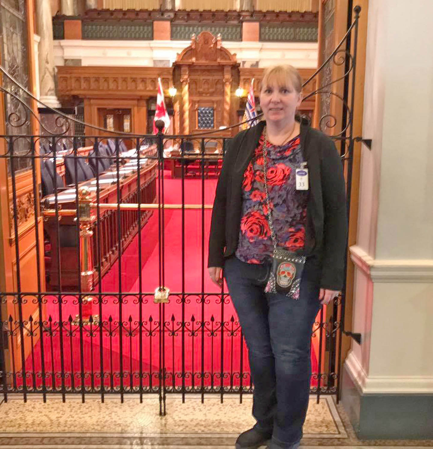 Brenda Dorosz was in the Legislature Monday to watch MLA Rob Fleming present her petition seeking permanent funding for rural schools. (Facebook photo)