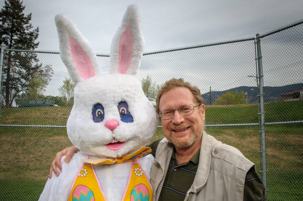 Richard McGuire, reporter/photographer with the Osoyoos Times, is a big fan of the Easter Bunny. Both will be hopping around at Easter Eggstravaganza on Saturday.