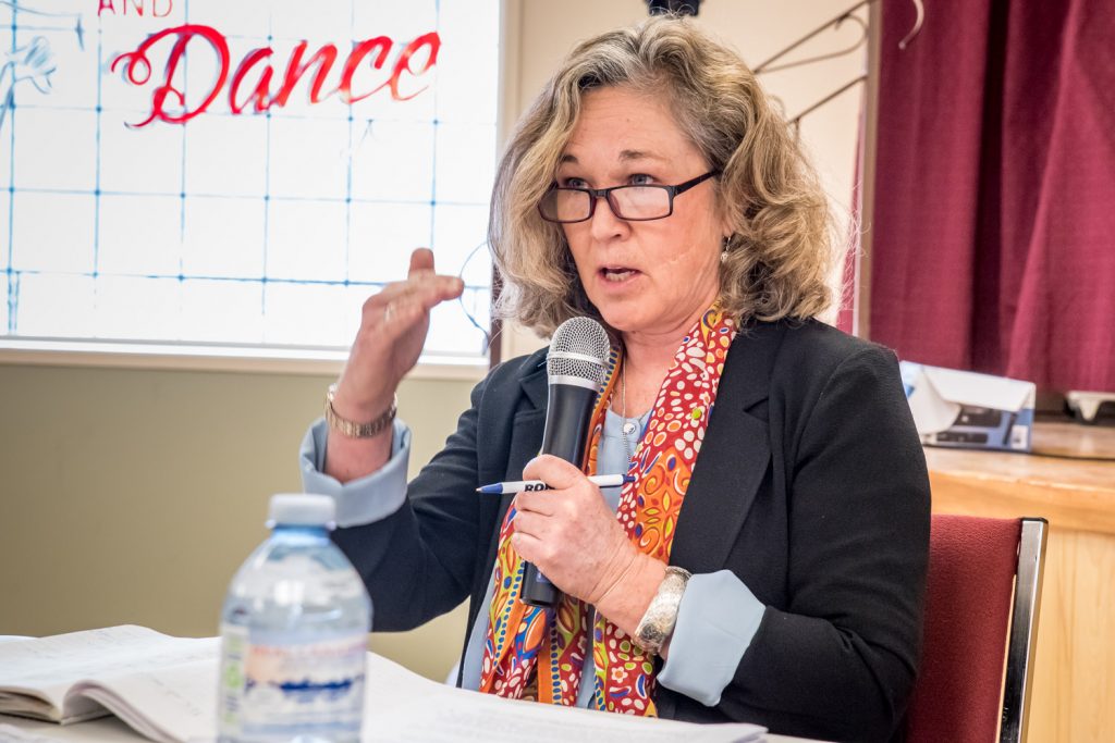 NDP candidate Colleen Ross makes a point at Friday's candidate forum at the Osoyoos Seniors' Centre. (Richard McGuire photo)