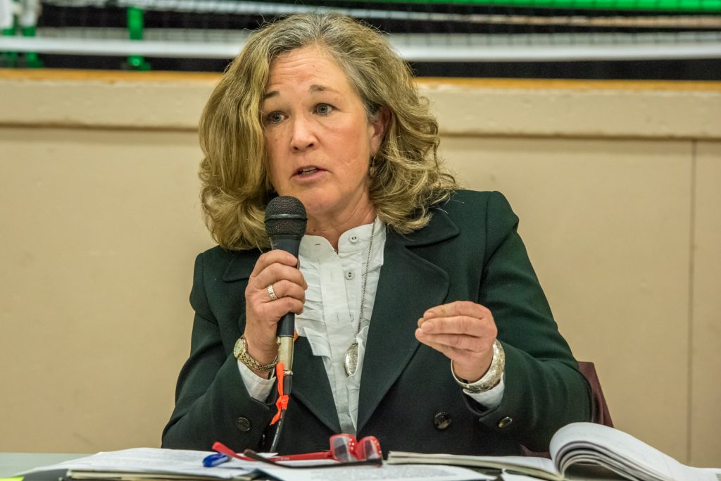 NDP candidate Colleen Ross makes a point at Thursday's candidate forum at the Sonora Community Centre. (Richard McGuire photo)