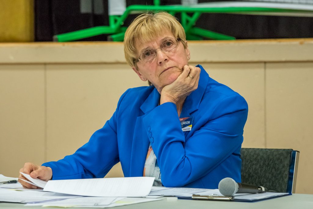 Linda Larson, the B.C. Liberal candidate and incumbent MLA, listens to a question posed by a member of the audience near the end of Thursday's all-candidates forum at the Sonora Community Centre. (Richard McGuire photo)