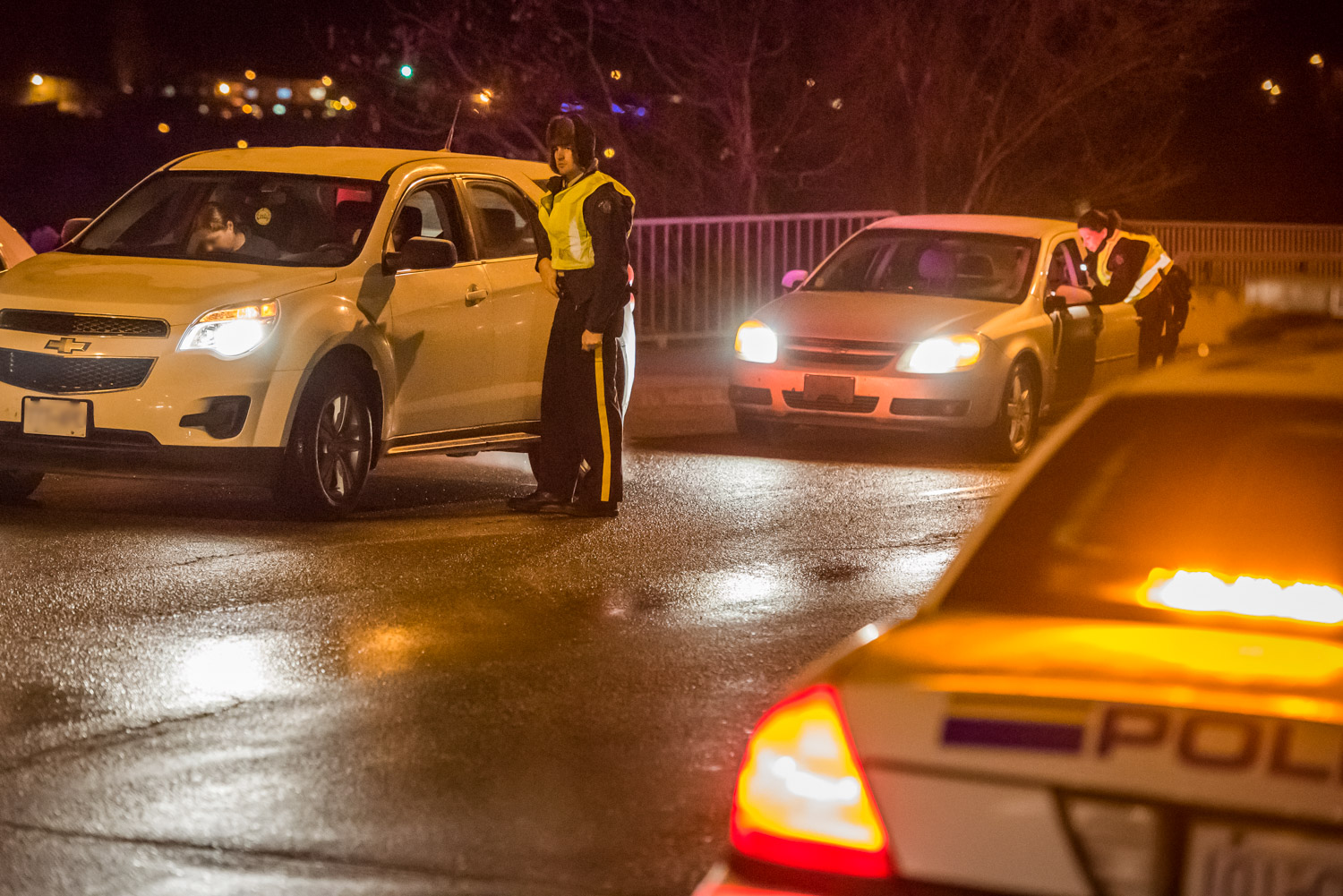 Osoyoos RCMP conducted a CounterAttack campaign on Saturday evening, checking traffic at the Hwy. 3 bridge. They were on the lookout for impaired drivers, but none were found. (Richard McGuire photo)
