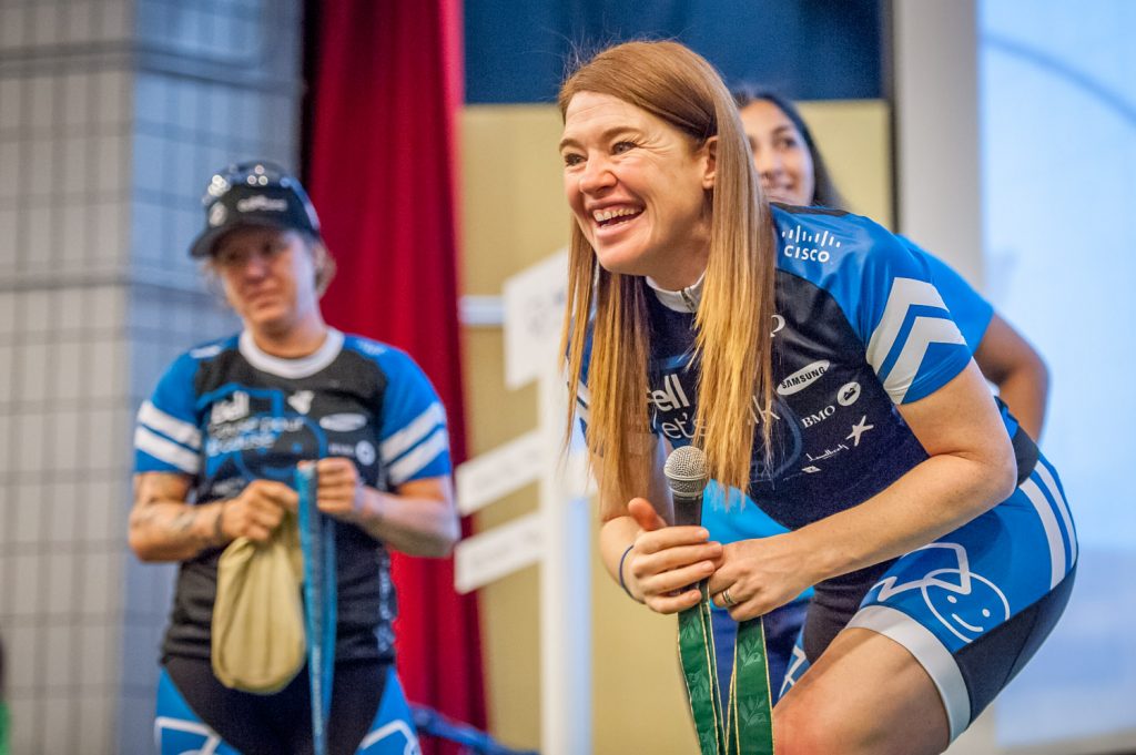 Former Olympian Clara Hughes spoke with students at Osoyoos Secondary School Friday morning. She discussed her own experience as an Olympian who suffered with depression and spoke of removing the stigma surrounding mental illnesses. (Richard McGuire photo)