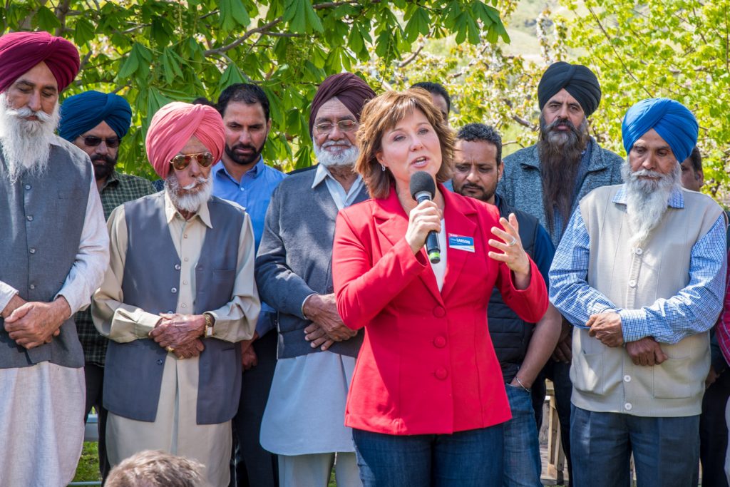 Christy Clark, the B.C. Liberal leader and premier, visited Brar Orchards south of Oliver on Tuesday to meet members of the Indo-Canadian community and to support the campaign of incumbent MLA Linda Larson. (Richard McGuire photo)