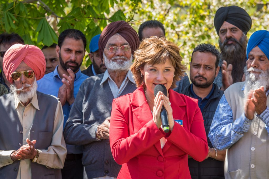 Christy Clark, the B.C. Liberal leader and premier, visited Brar Orchards south of Oliver on Tuesday to meet members of the Indo-Canadian community and to support the campaign of incumbent MLA Linda Larson. (Richard McGuire photo)