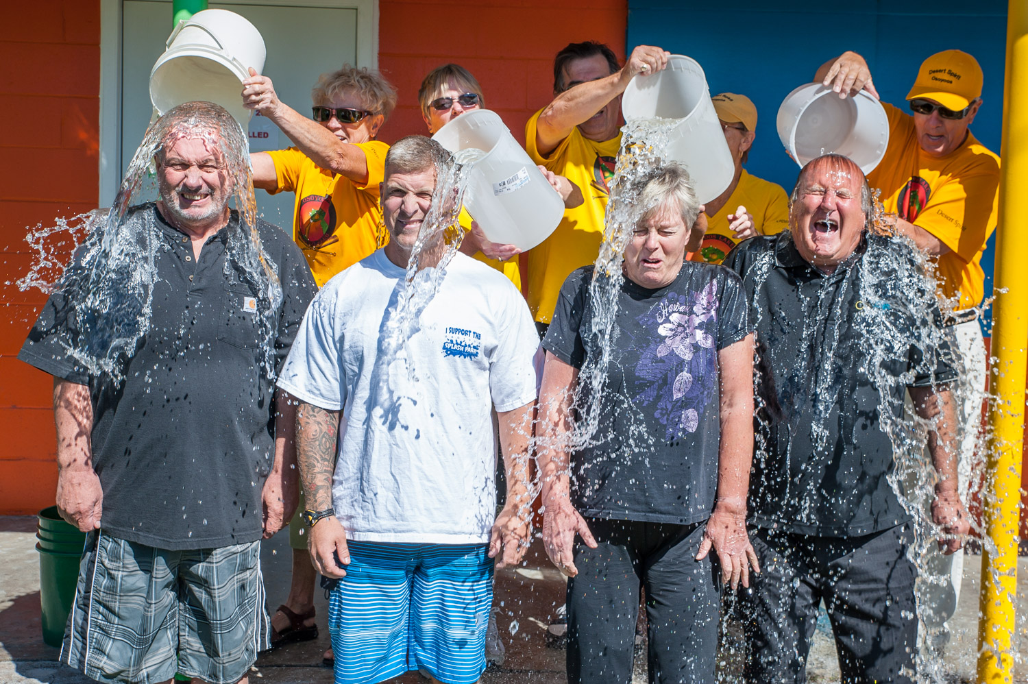Members of Osoyoos Town Council endured the ALS Ice Bucket Challenge at the hands of members of the Osoyoos Lake Paddling Club dragon boat team last Wednesday. From left are councillors C.J. Rhodes, Mike Plante, Sue McKortoff and Mayor Stu Wells. Councillor Michael Ryan was away on another engagement. (Richard McGuire photo)