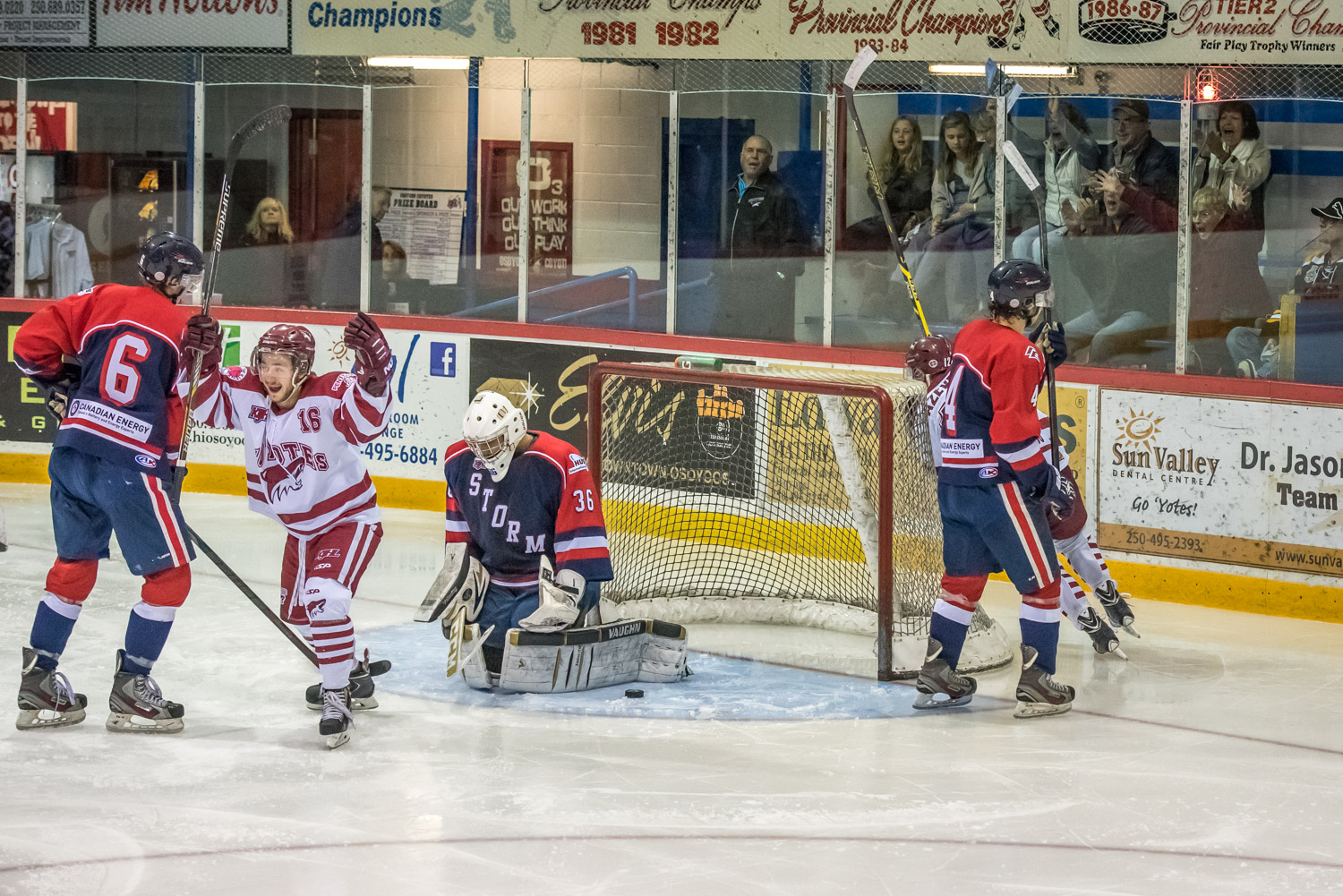 Coyote Rory Neary celebrates after Tyler Holz scored the first goal in Friday evening's 4-3 victory over Kamloops. Neary and Troy Maclise picked up assists. (Richard McGuire photo)